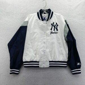 Starter Varsity Jacket Women Medium New York Yankees White Navy Blue Vintage Y2K